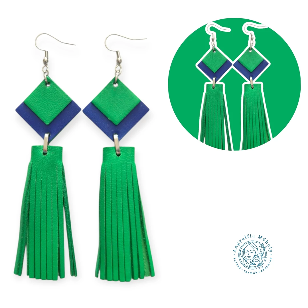Fűzöld-kék rojtos bőr fülbevaló