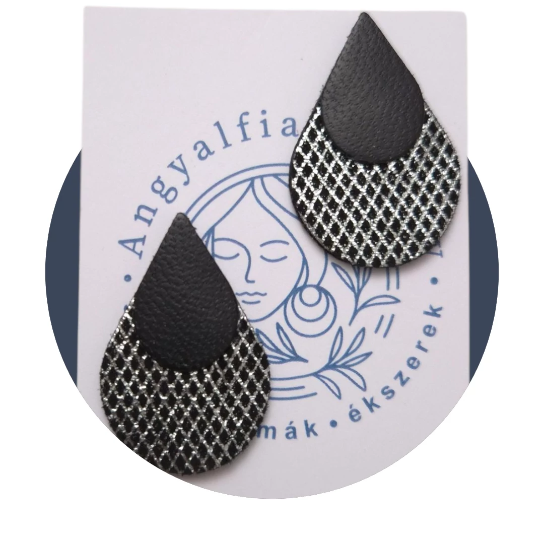 Ezüst-fekete bedugós csepp bőr fülbevaló