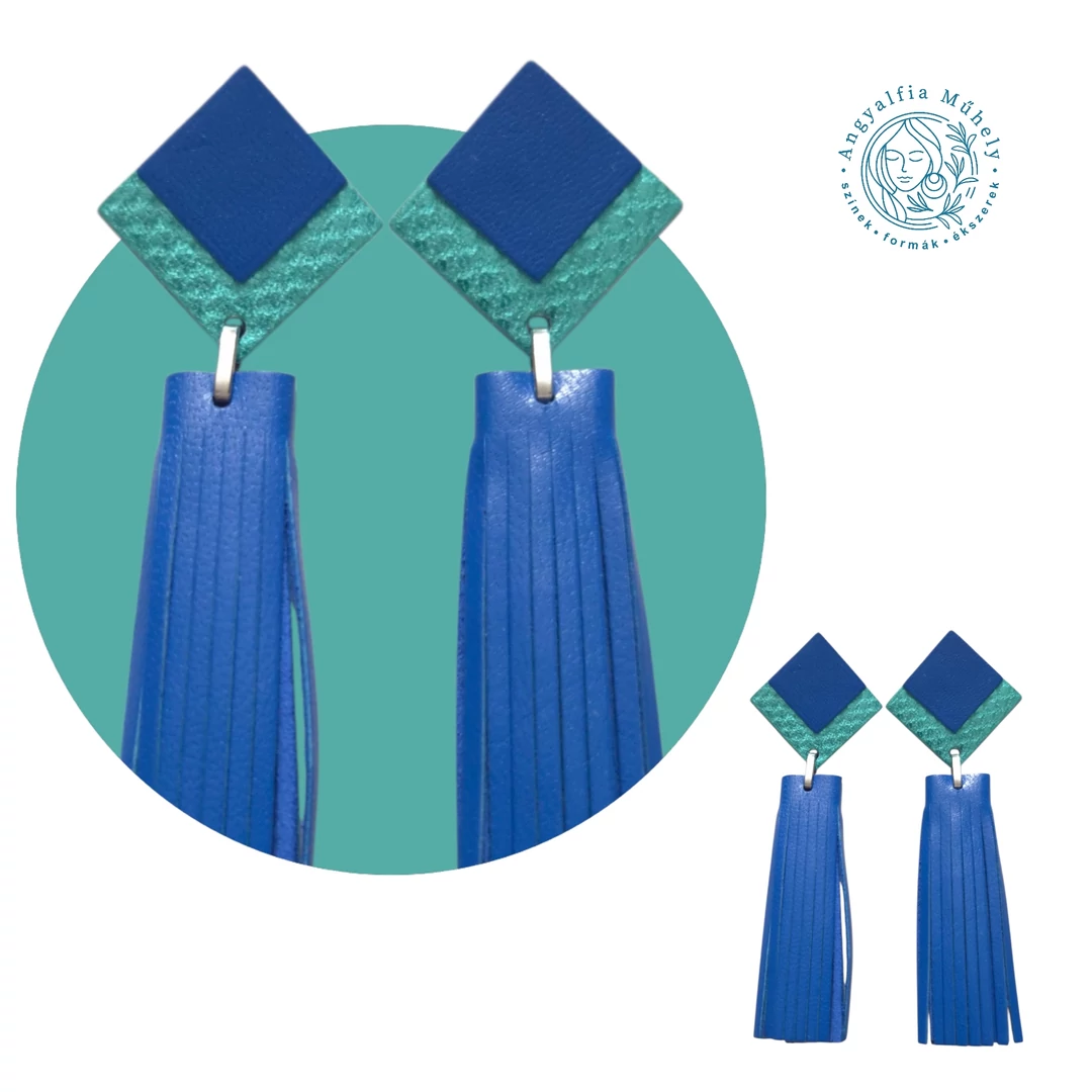 Négyzet-rojtos statement bőrékszer, kék és türkizzöld