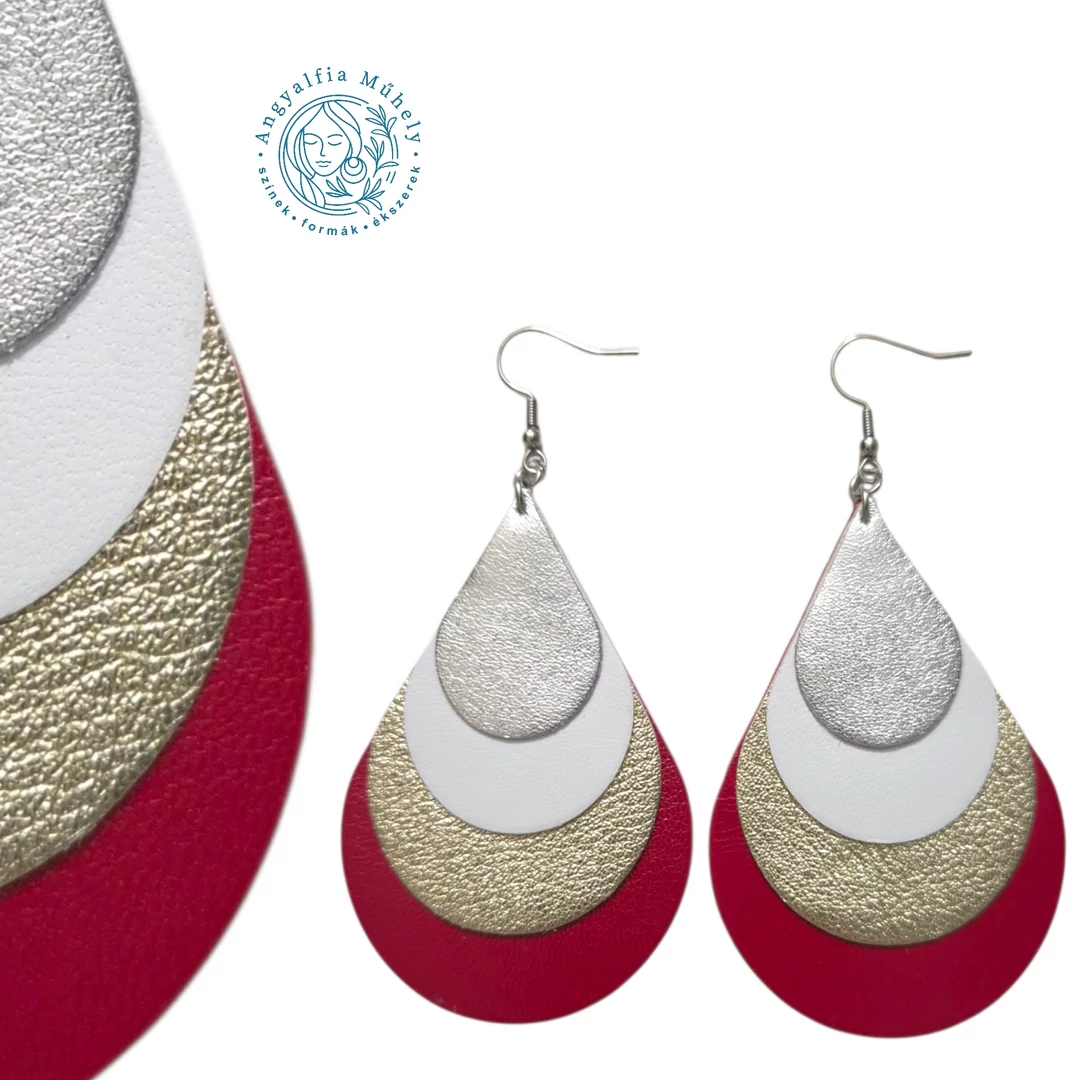 Arany-ezüst csepp bőrékszer, pirossal