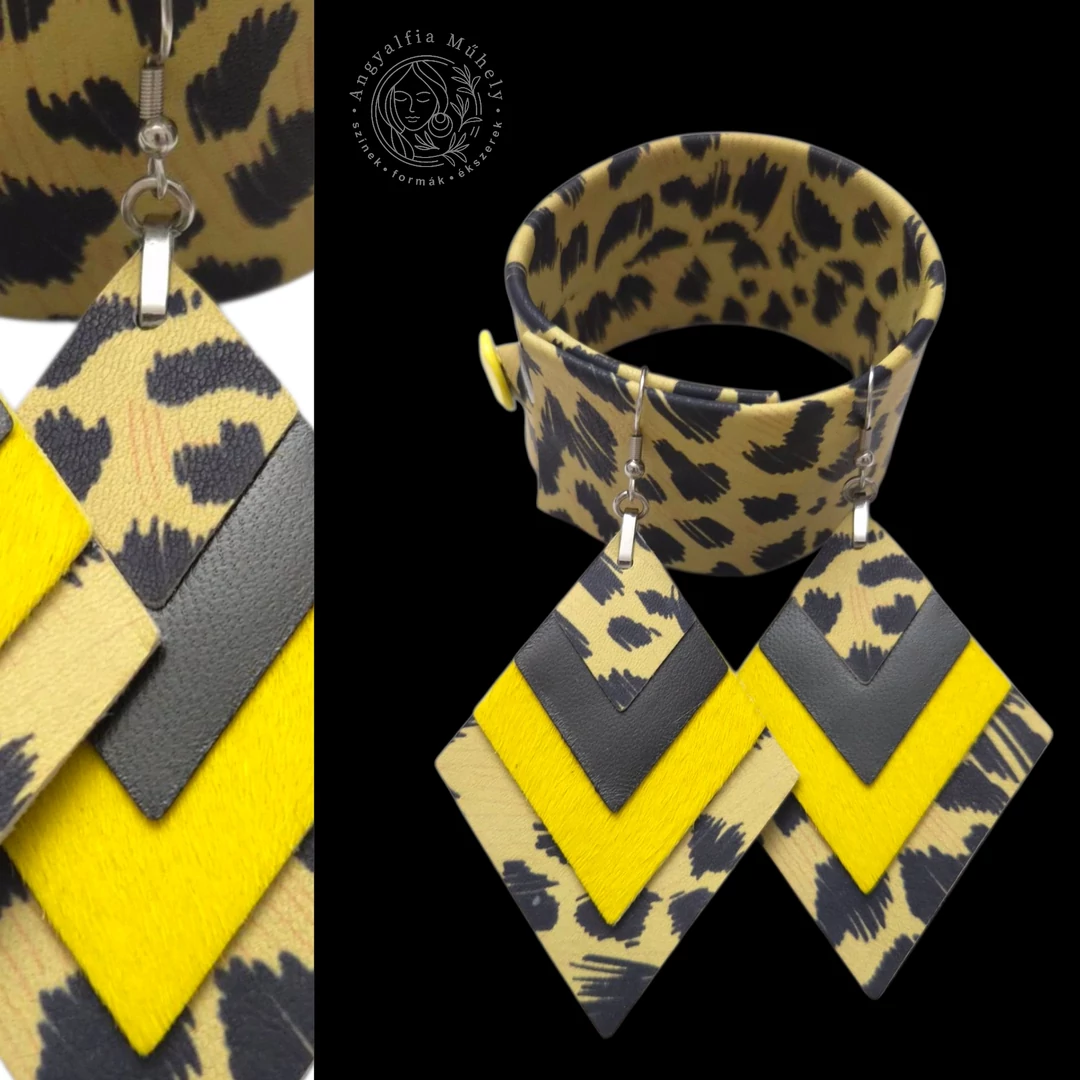 Limitált leopárdmintás bőr ékszerszett, rombusszal