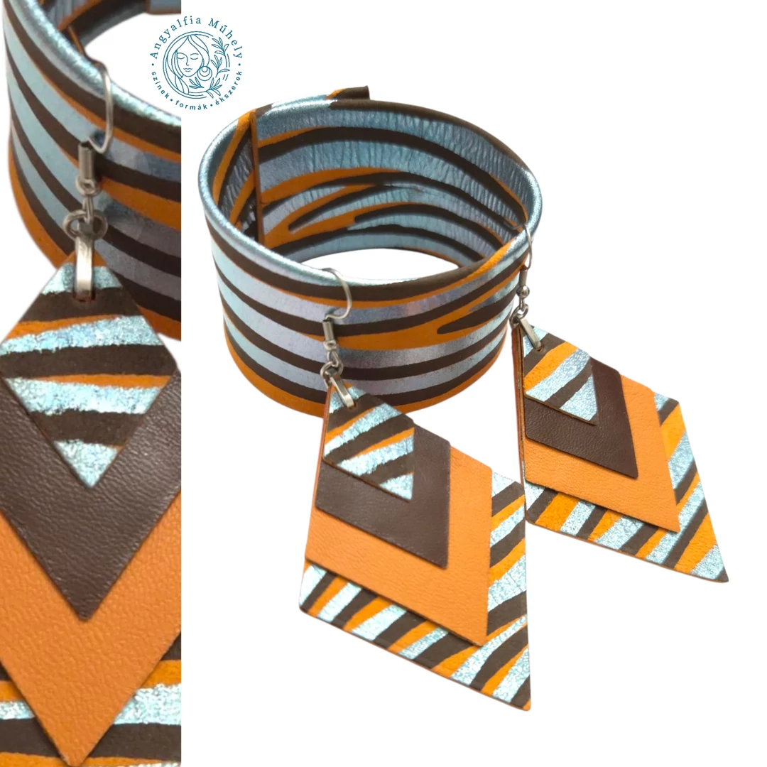 Limitált narancs-barna rombusz bőr ékszerszett