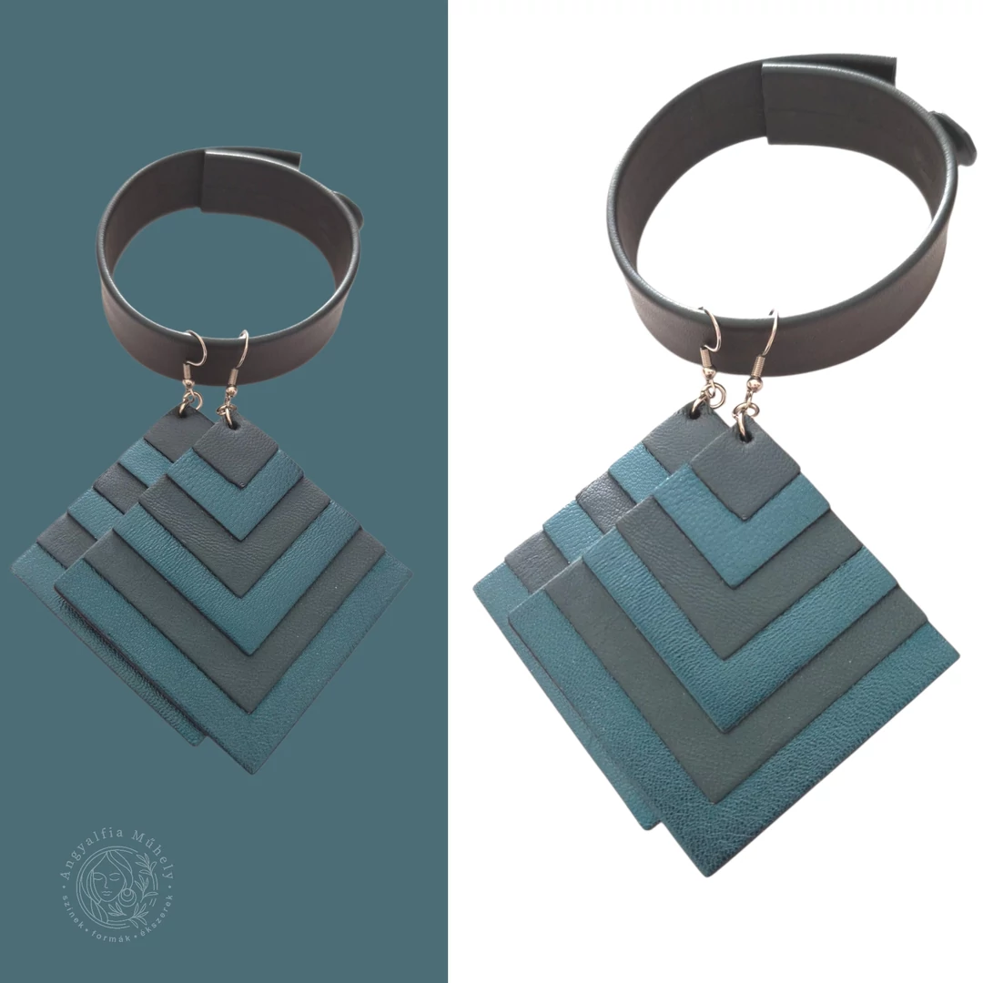 Petrolkék bőr ékszerszett, négyzet fülbevalóval