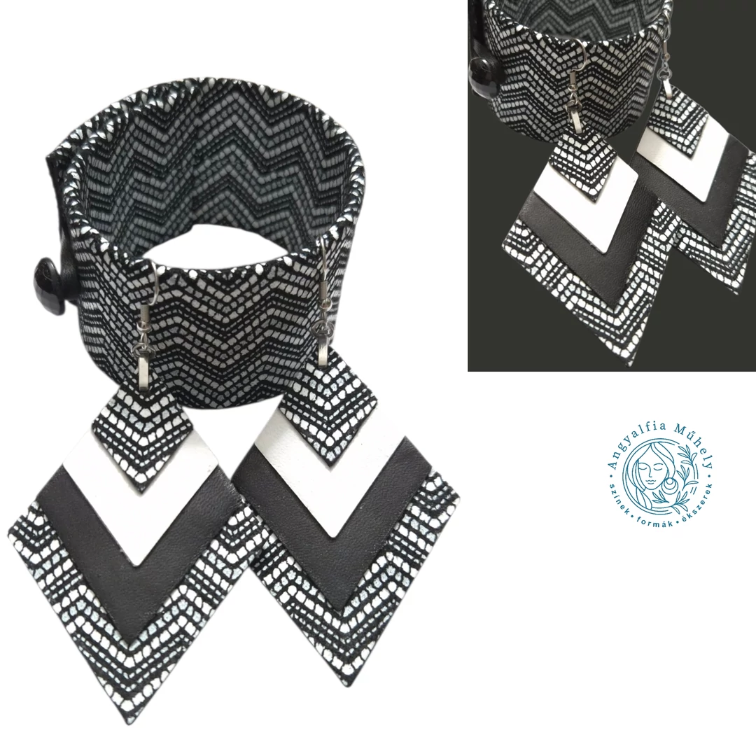 Geometrikus, mintázott fekete-fehér ékszerszett