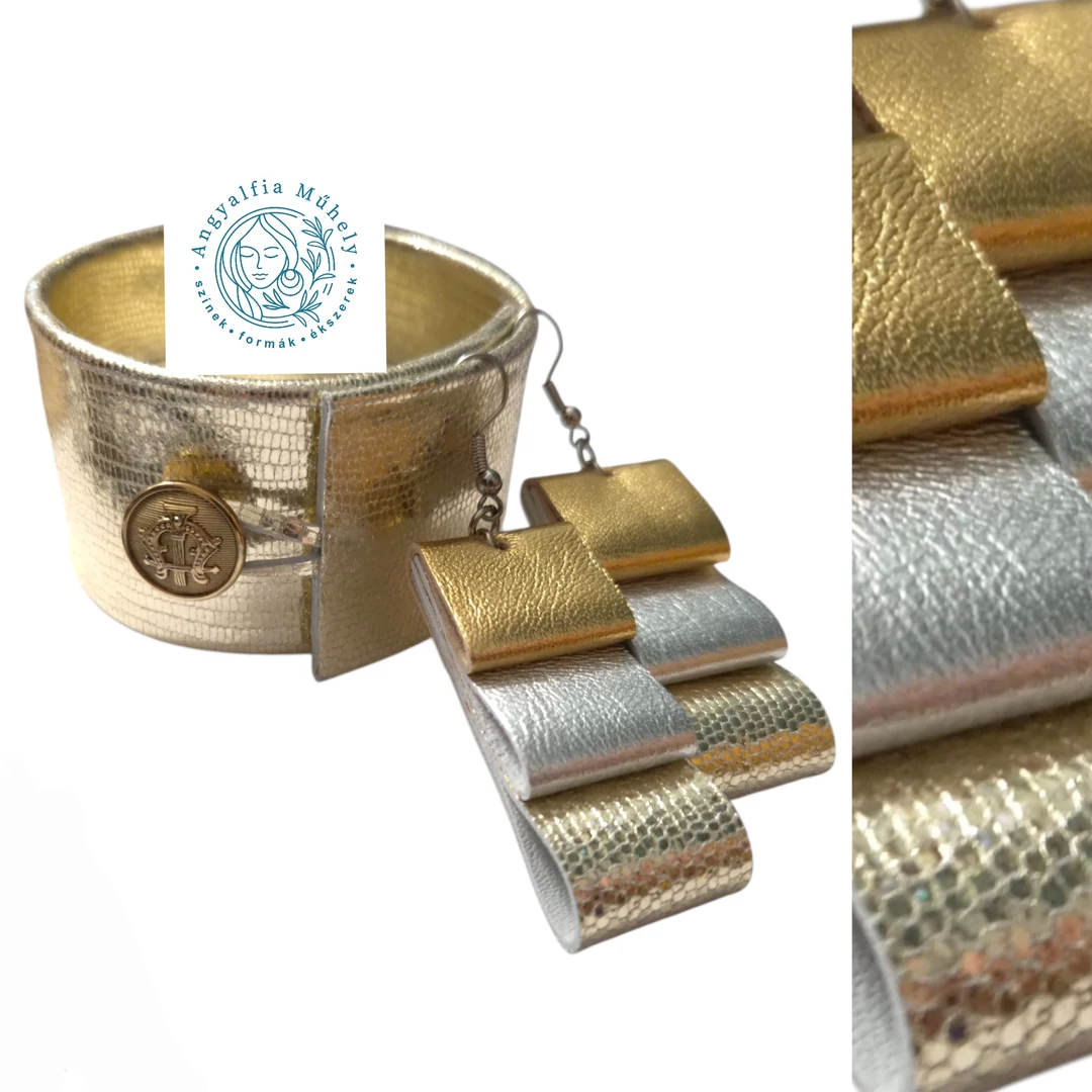 Ezüst-arany bőr ékszerszett, hajtogatott fülbevalóval