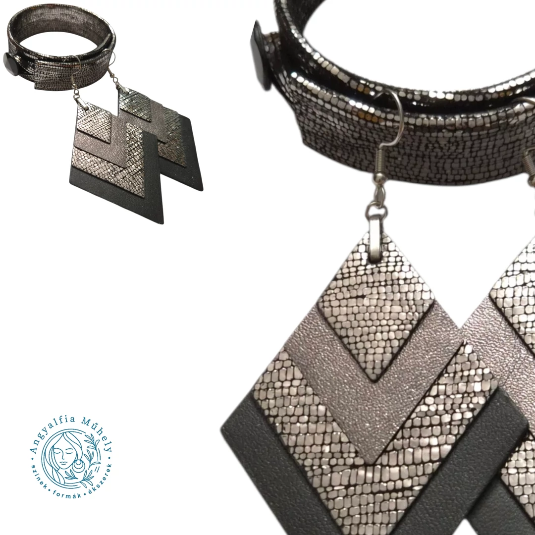 Különleges grafit-ezüst bőr ékszerszett, rombusszal