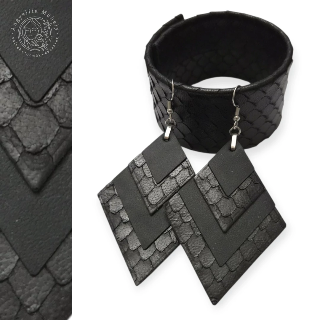 Fekete pikkelyes bőr ékszerszett, rombusz fülbevalóval