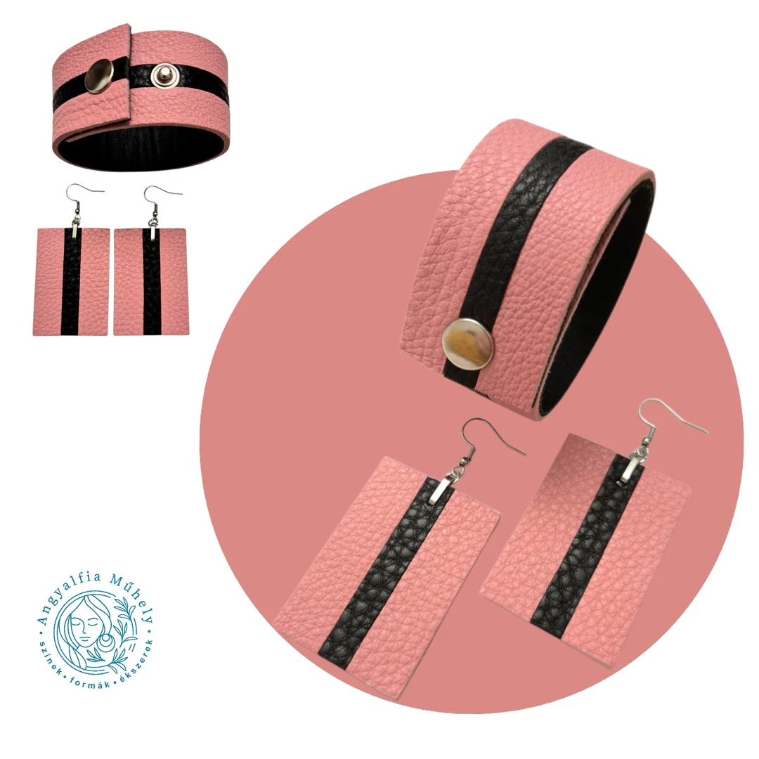 Rózsaszín-fekete csíkos ékszerszett, téglalap fülbevalóval