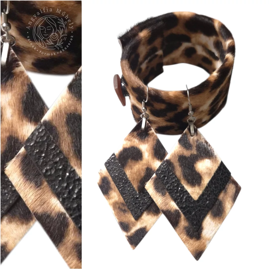 Limitált leopárdmintás ékszerszett, rombusz fülbevalóval