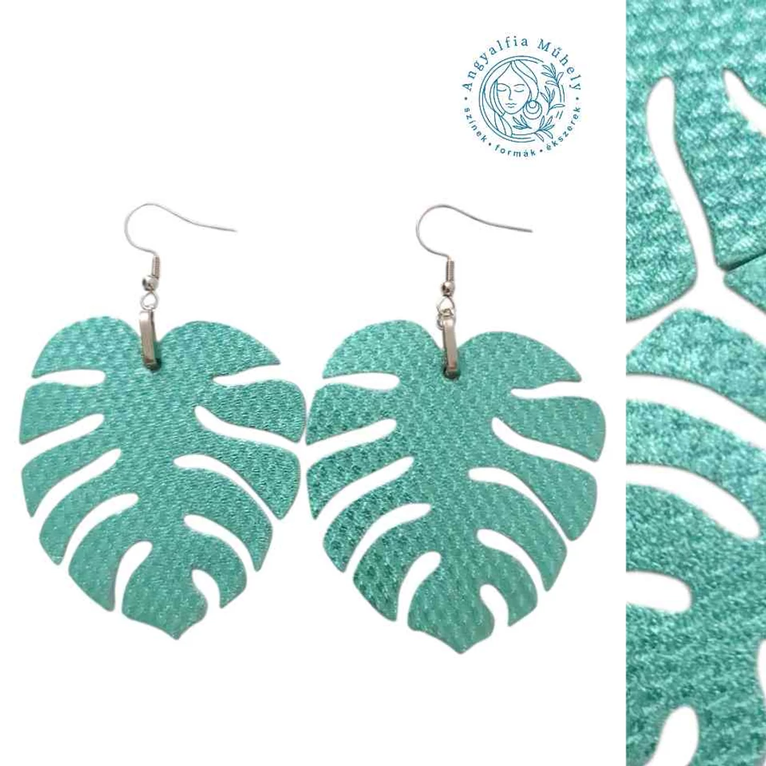 Türkizzöld filodendron bőr fülbevaló, enyhe csillogással