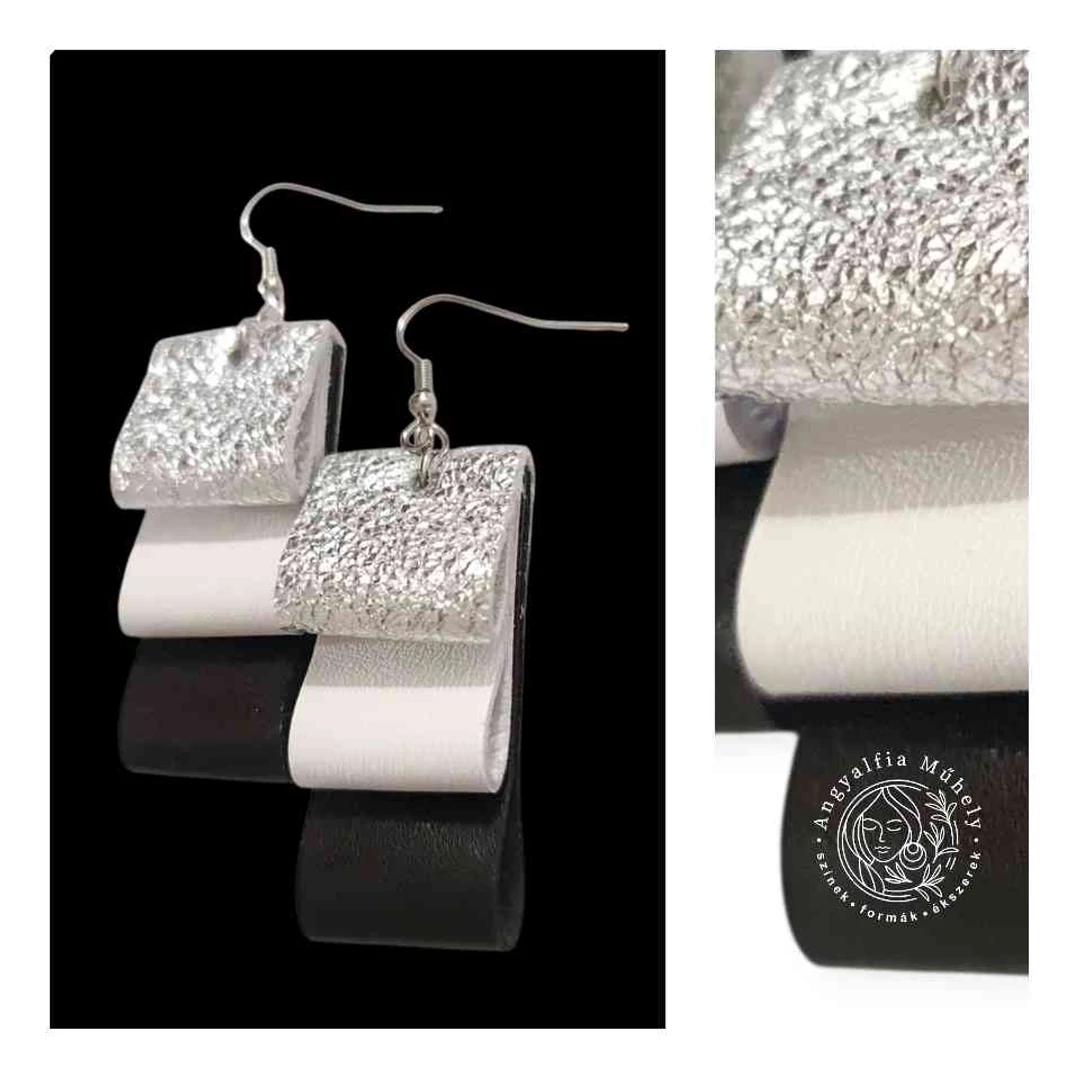 Ezüst-fehér hajtogatott fülbevaló, feketével