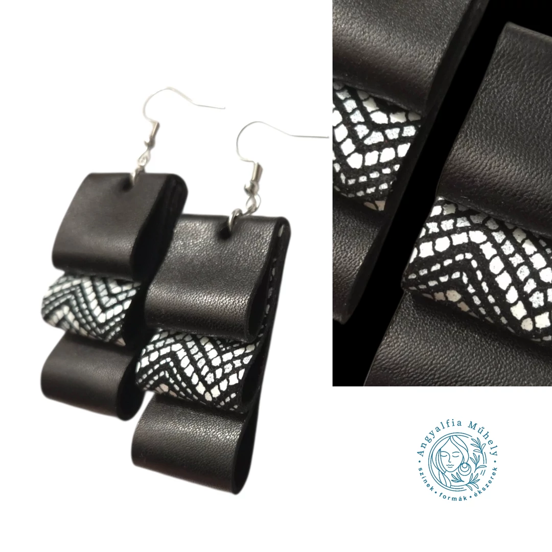 Geometrikus, mintázott fekete-fehér hajtogatott bőr fülbevaló