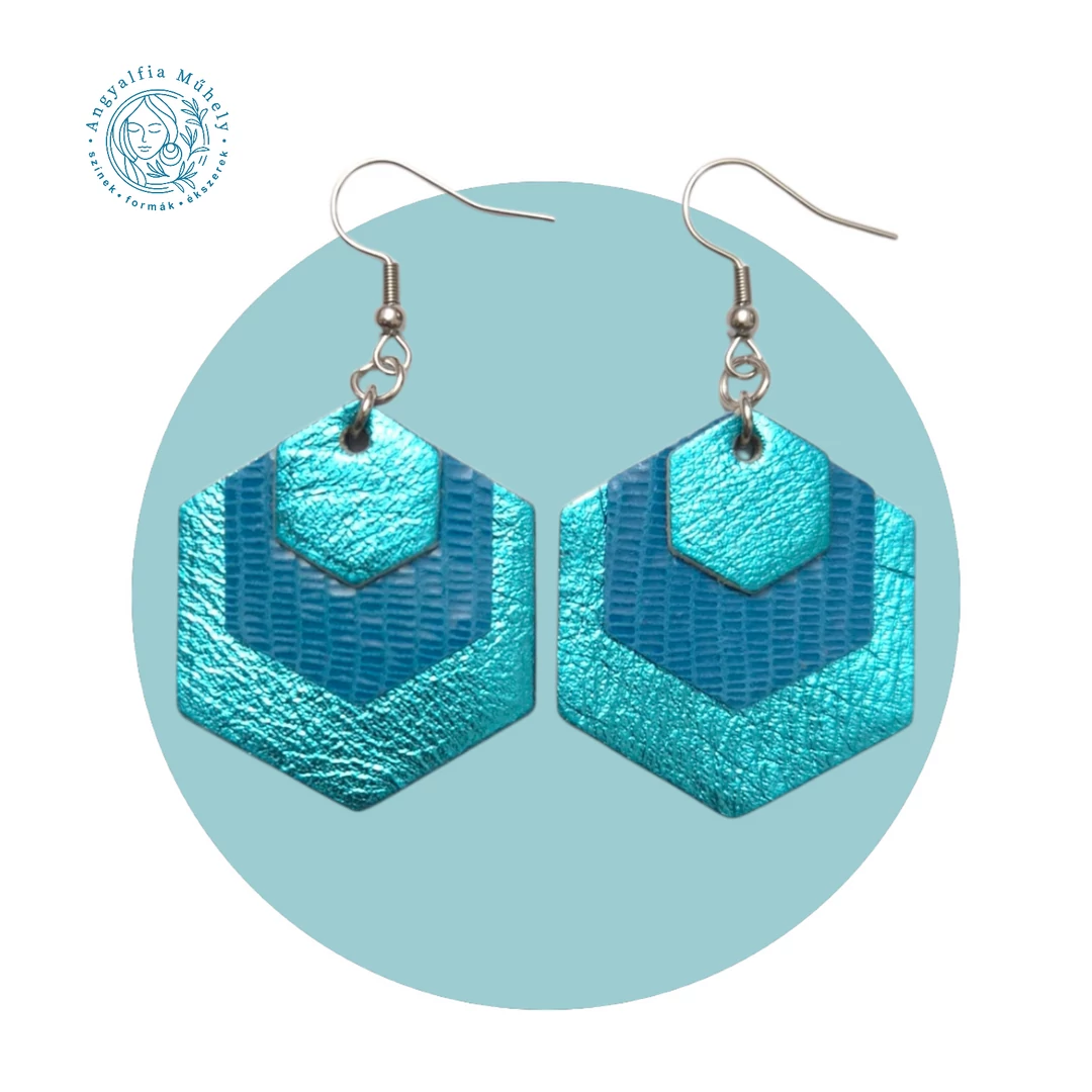 Türkiz hexagon bőrékszer, kis méretben