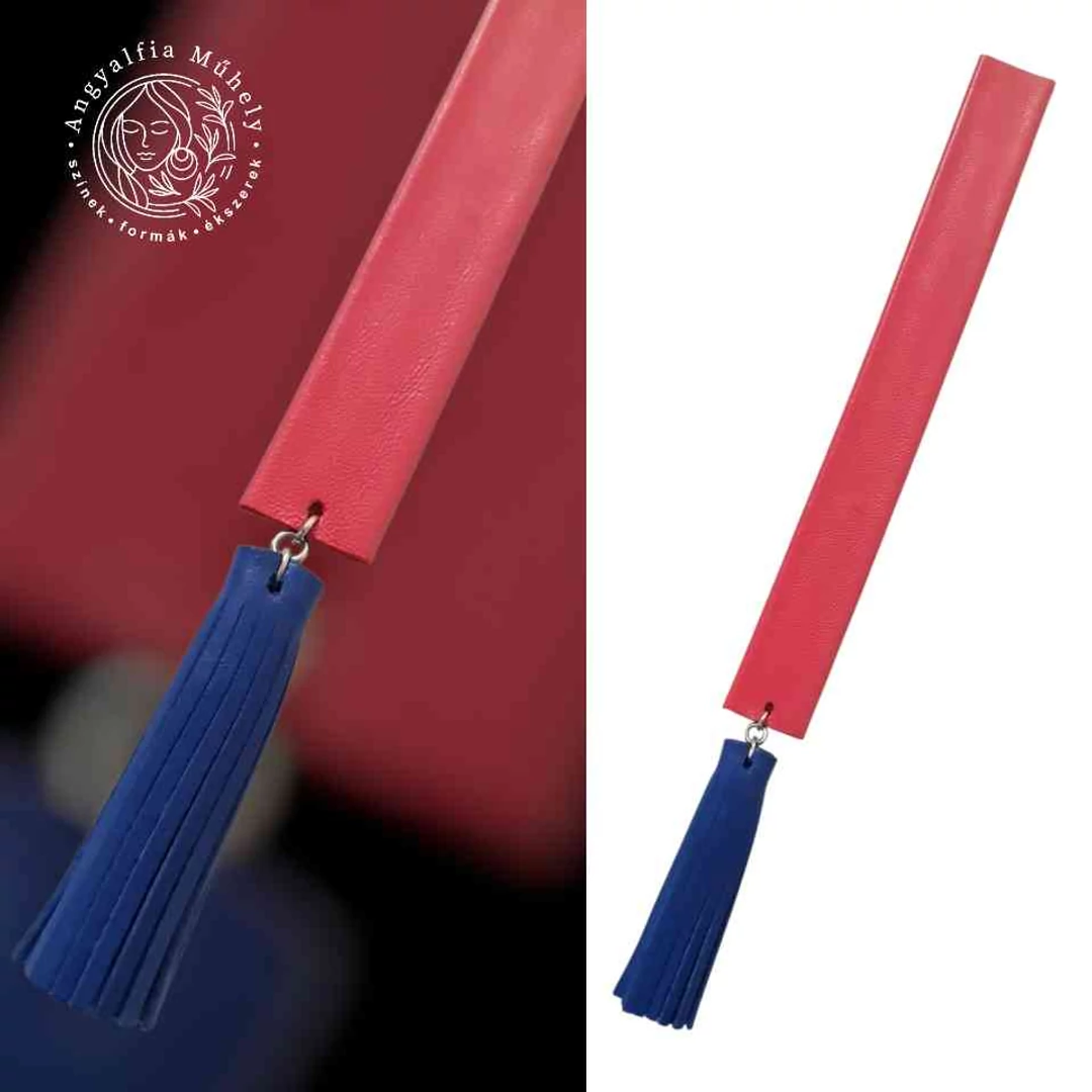 Olvasni jó! bőr könyvjelző, rojttal málna-kék színekben