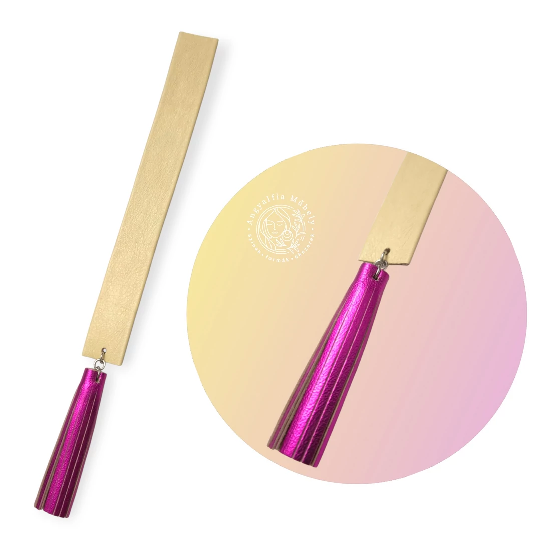 Pasztellsárga, metálfényes fuksziával bőr könyvjelző