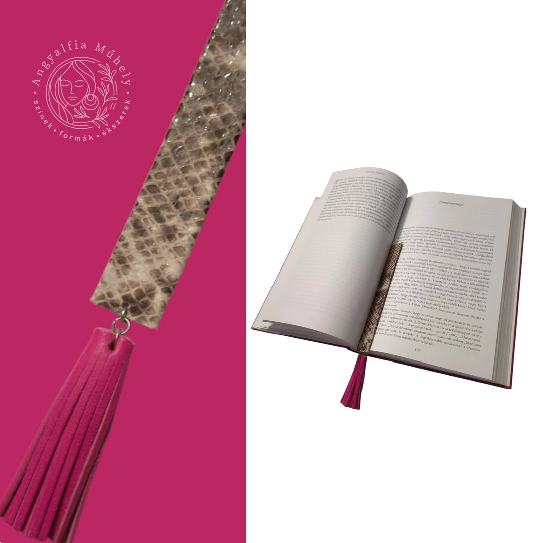 Olvasni jó! Mintás bőr könyvjelző, pink rojttal