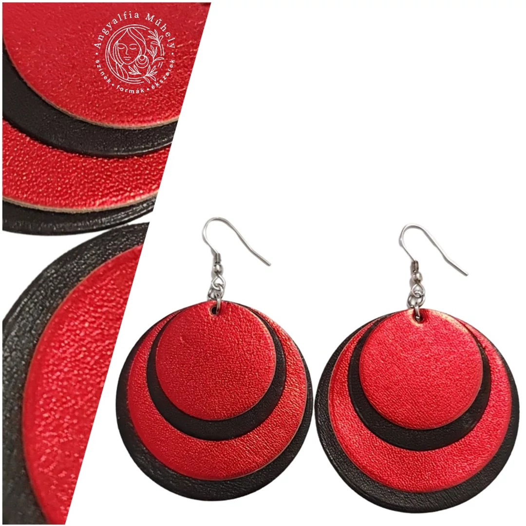 Metálfényes piros bőr fülbevaló, feketével