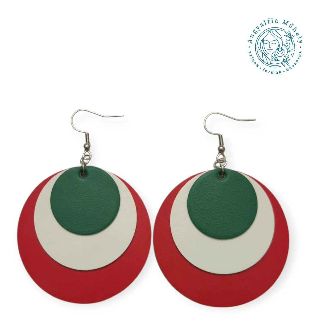Piros-fehér-zöld, trikolor bőr fülbevaló