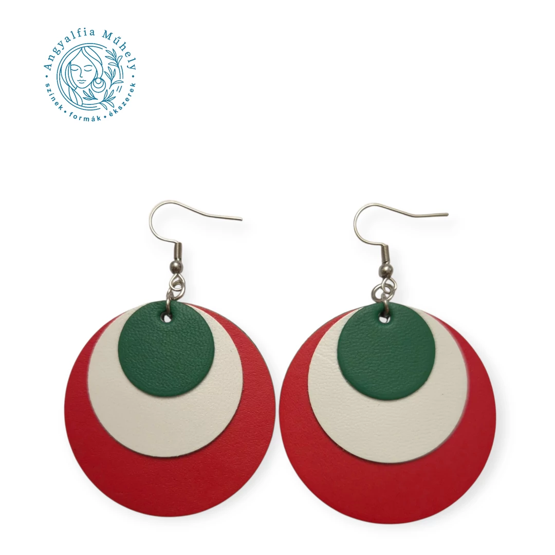 Piros-fehér-zöld, nemzeti, trikolor bőr fülbevaló