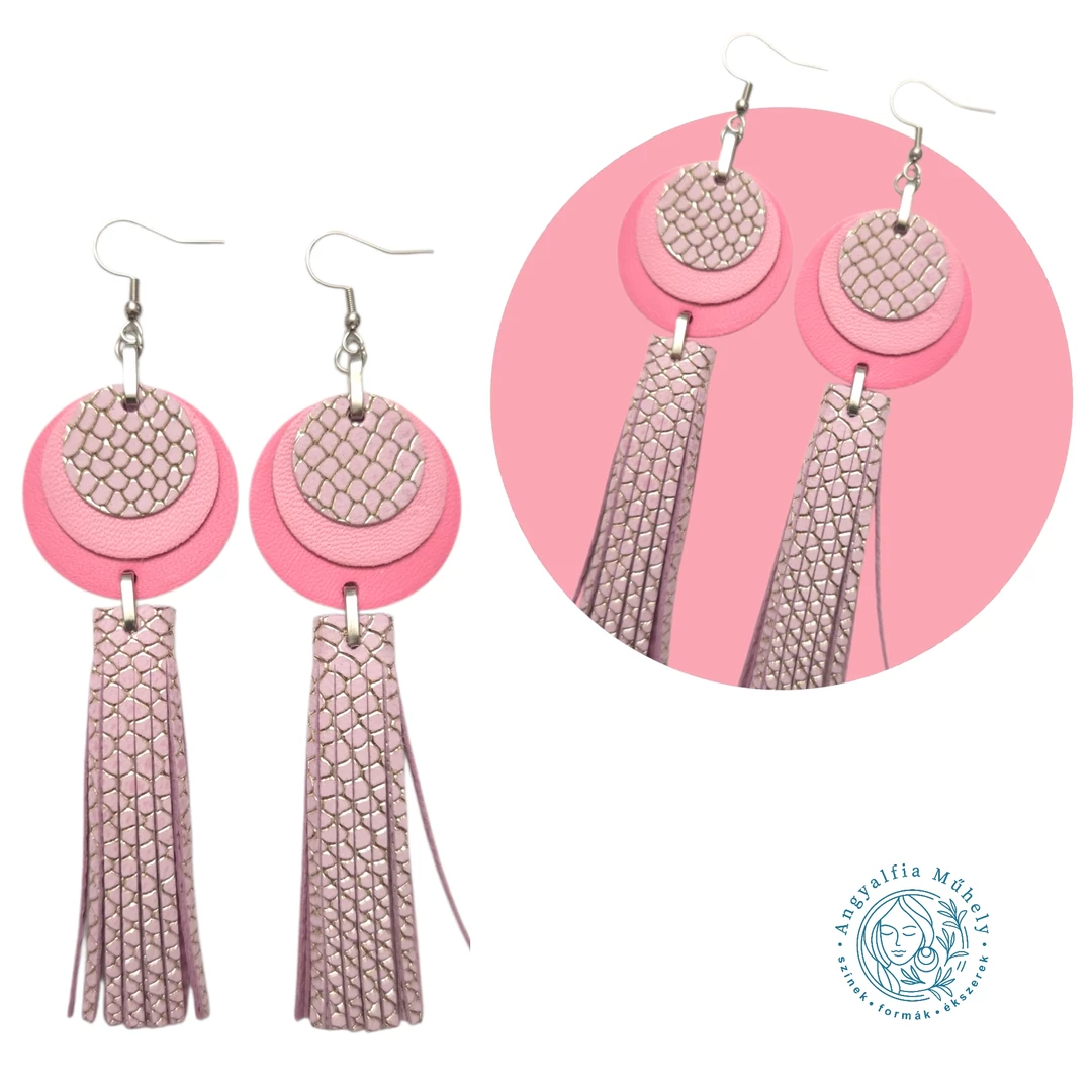 Rózsaszín-arany rácsos statement bőr fülbevaló