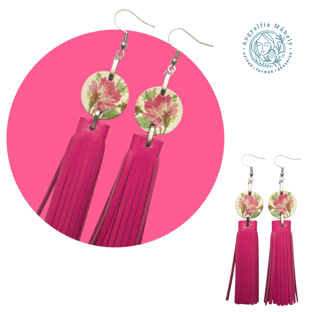 Rózsaszín virágmintás kör-rojtos bőrékszer, pinkkel