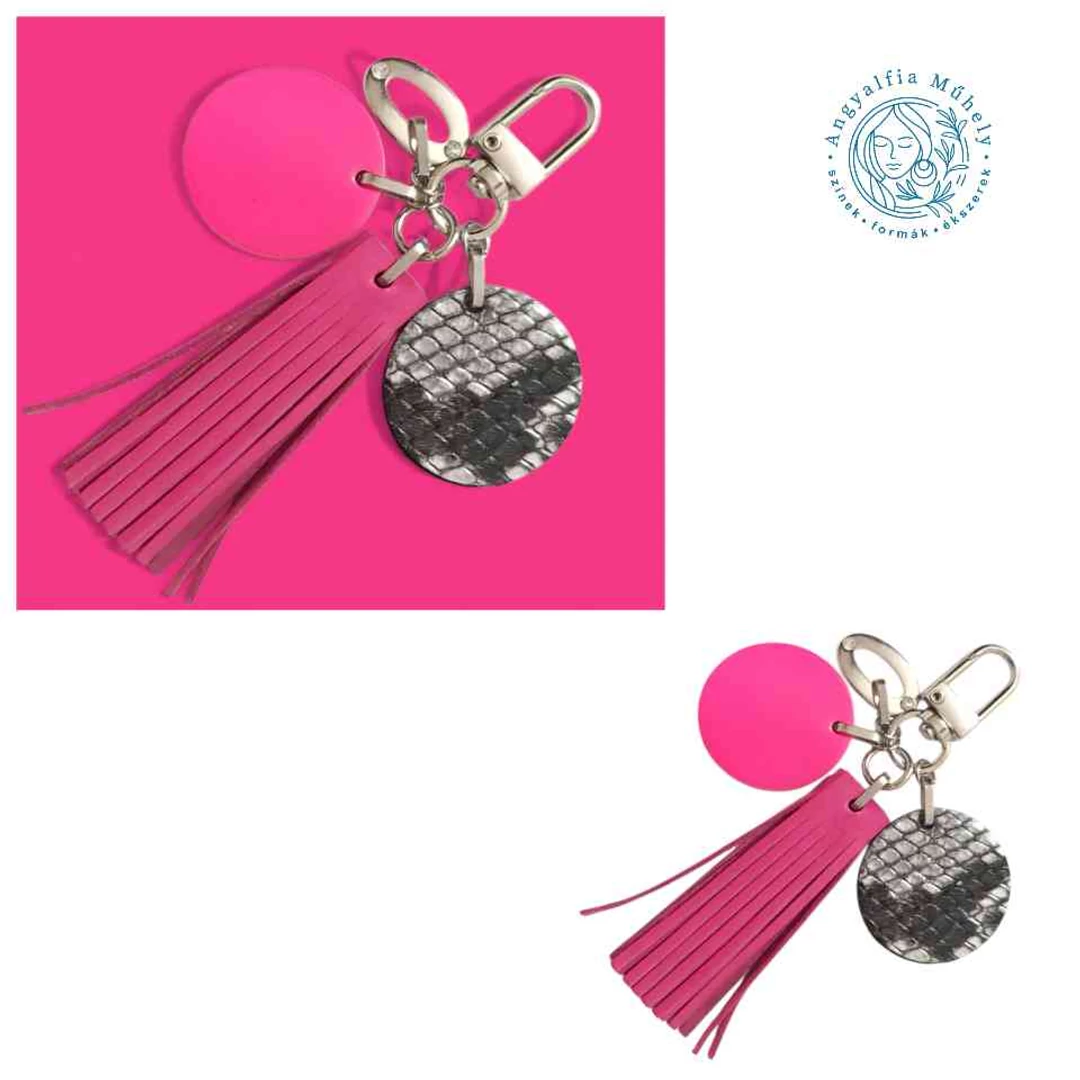 Neon pink-magenta  kulcstartó és táskadísz, ezüsttel