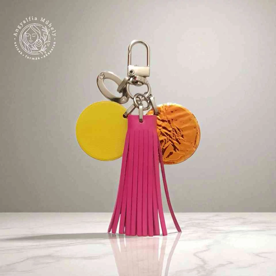 Pink-sárga bőr kulcstartó és táskadísz