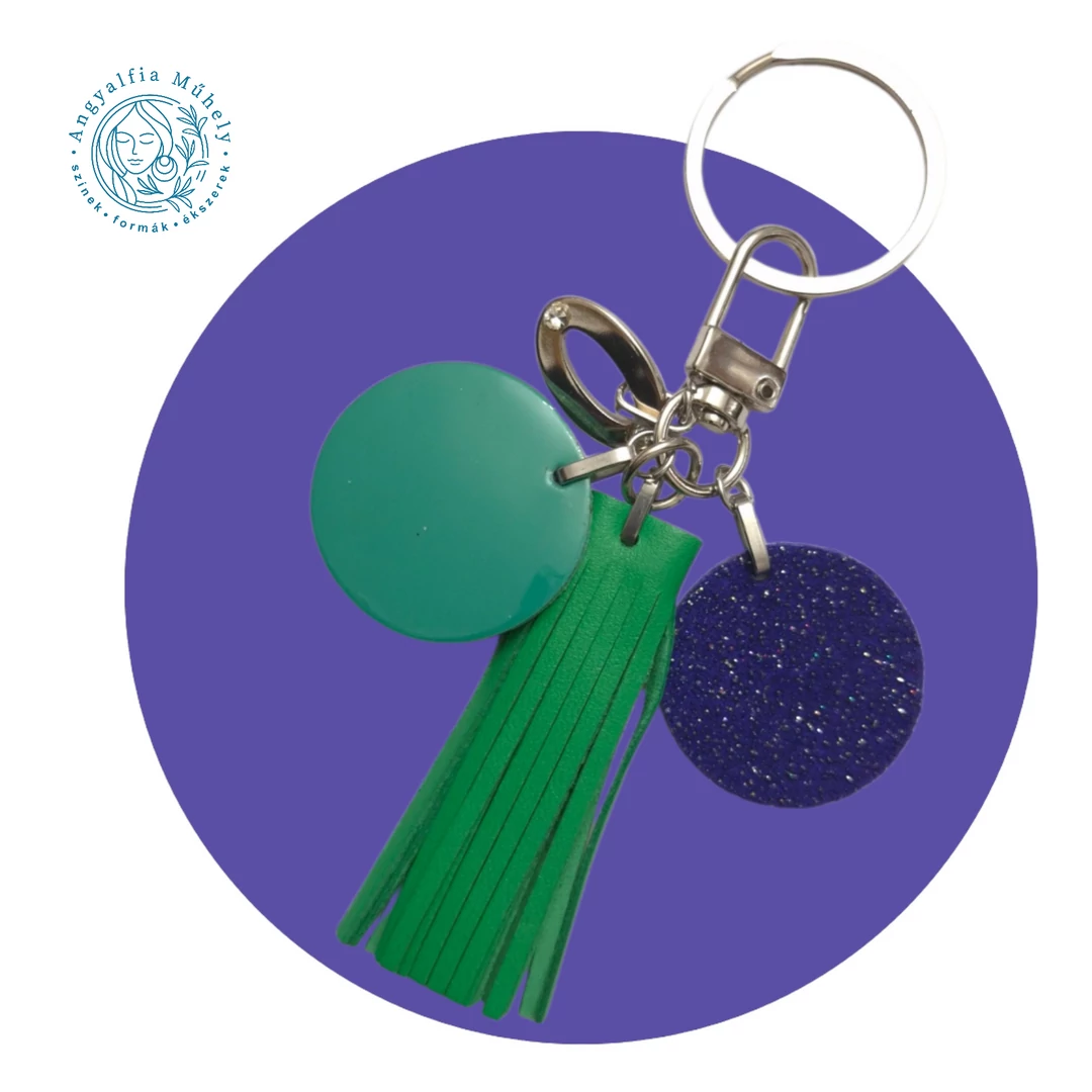 Zöld-lila táskadísz és kulcstartó