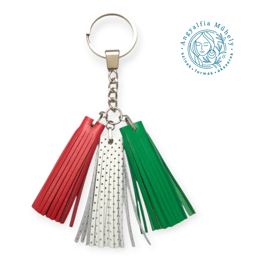 Piros-fehér-zöld trikolor bőr kulcstartó, rojttal
