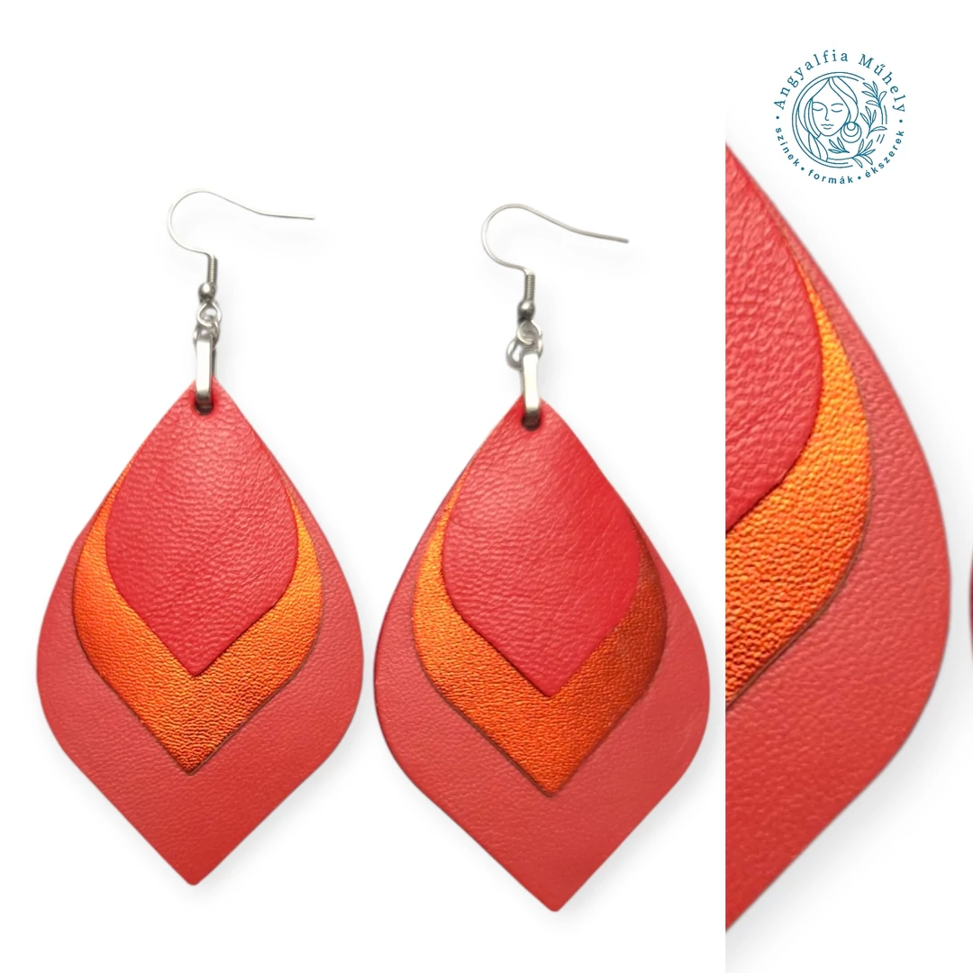 Korall levél bőr fülbevaló, metálfénnyel