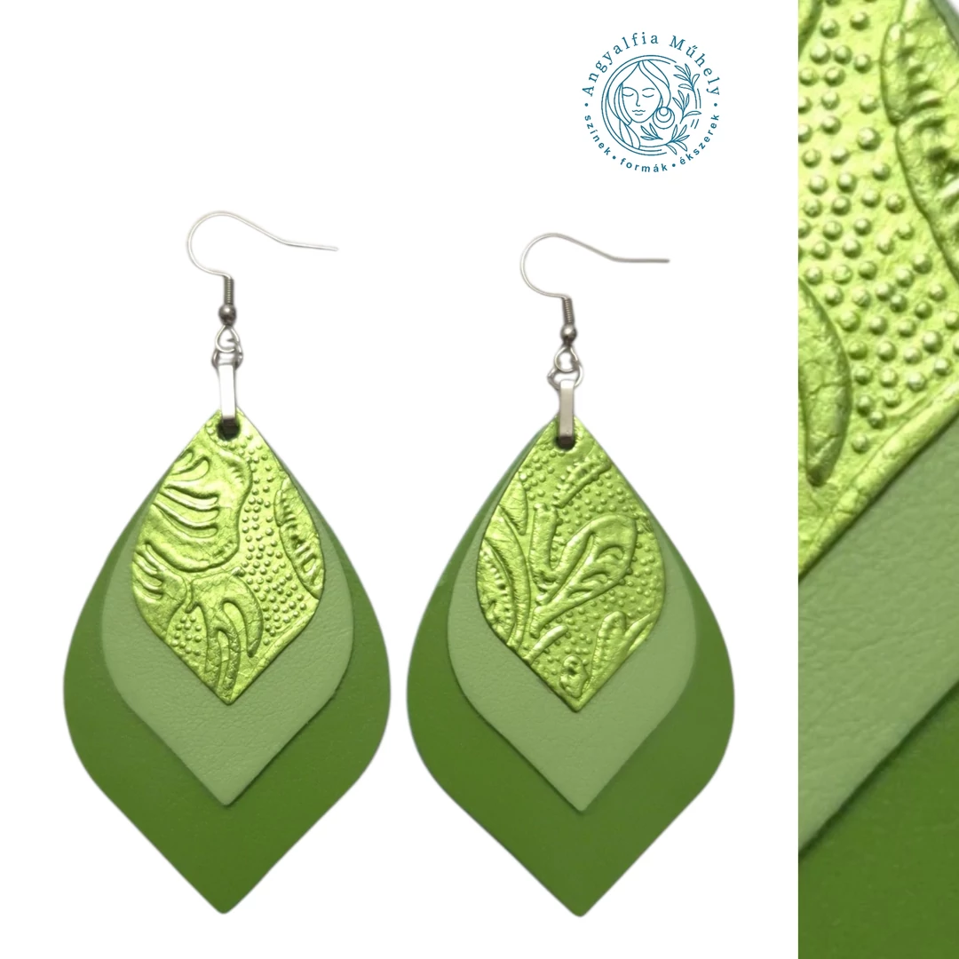 Fénylő zöldalma levél bőr fülbevaló