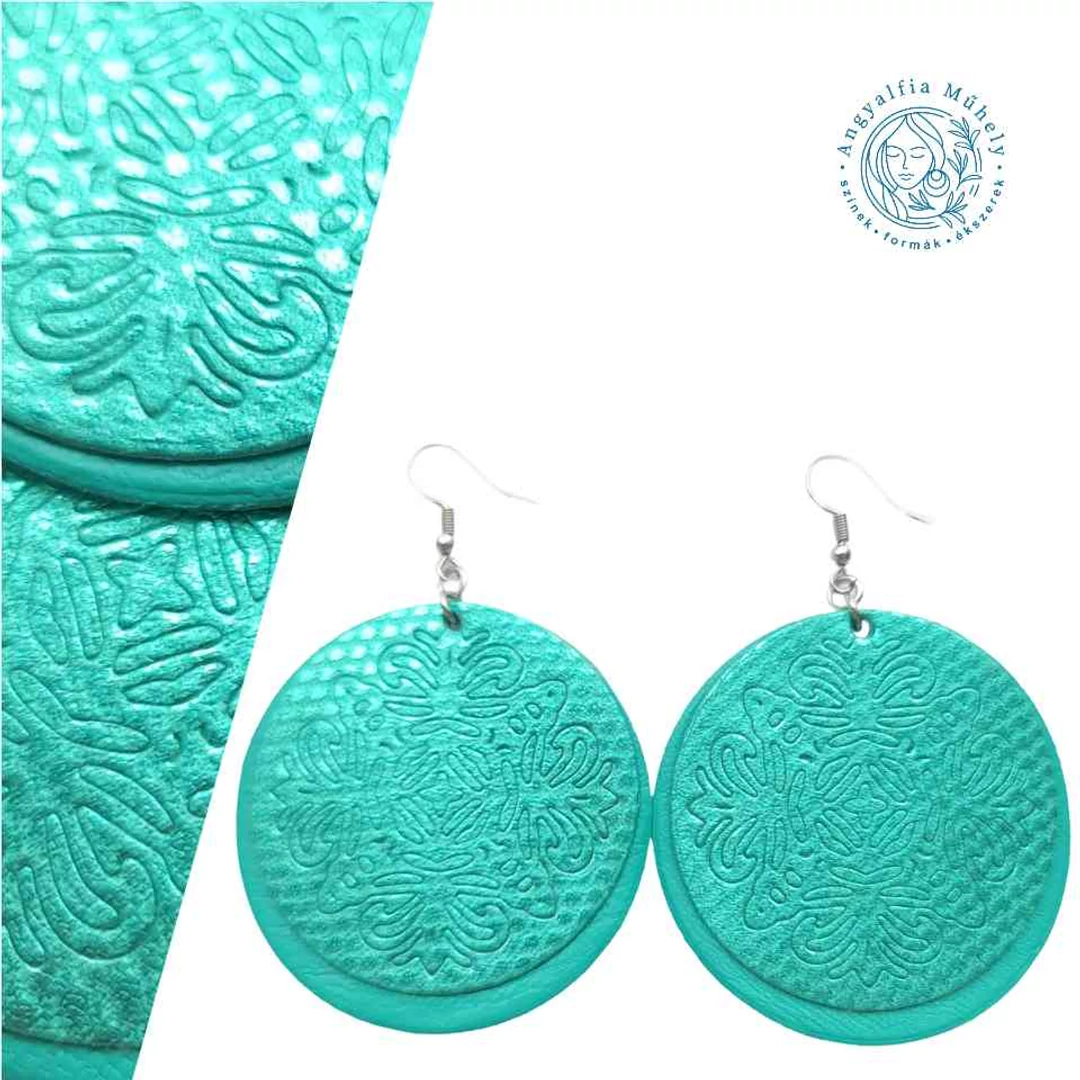 Türkizzöld, mintás Mandala bőr fülbevaló