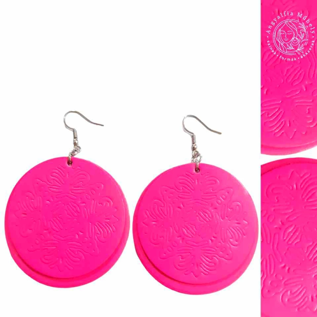 Neon pink Mandala bőr fülbevaló