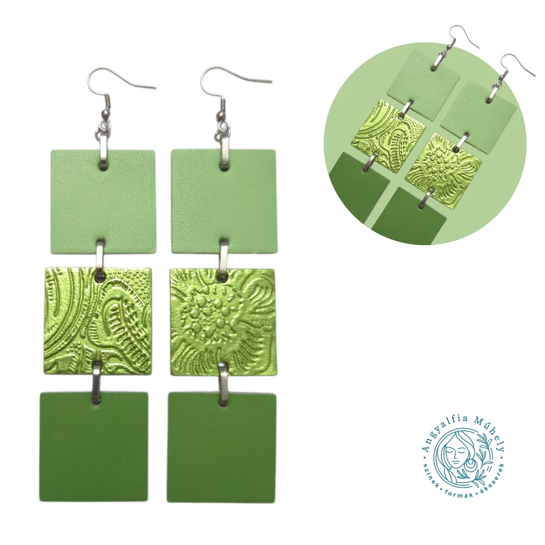 Almazöld négyszögek bőrékszer, metálfénnyel