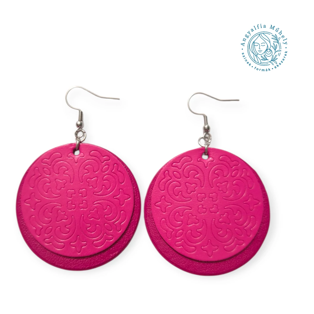 Pink-magenta pajzs bőr fülbevaló