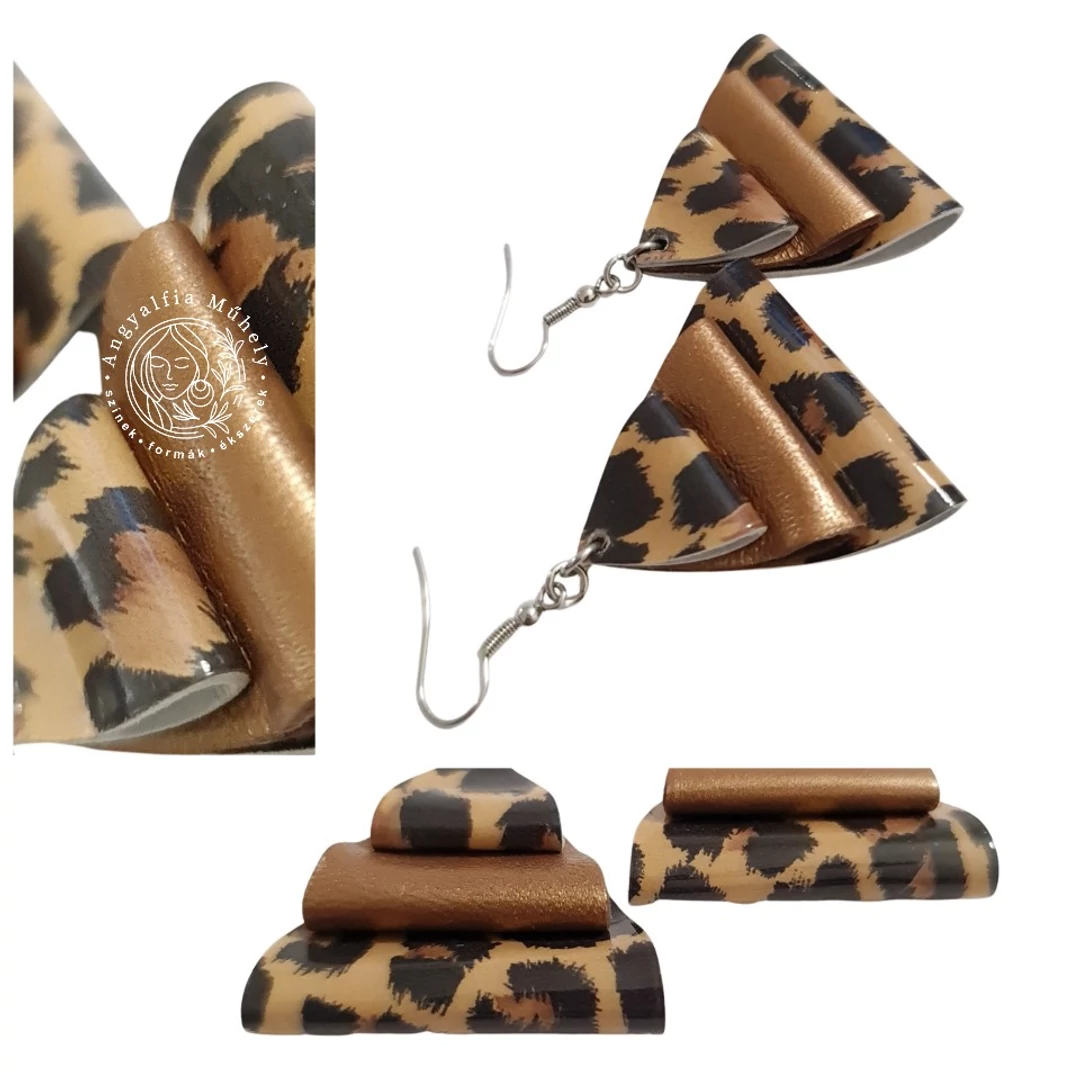 Ocelot piramis bőr fülbevaló, bronzzal