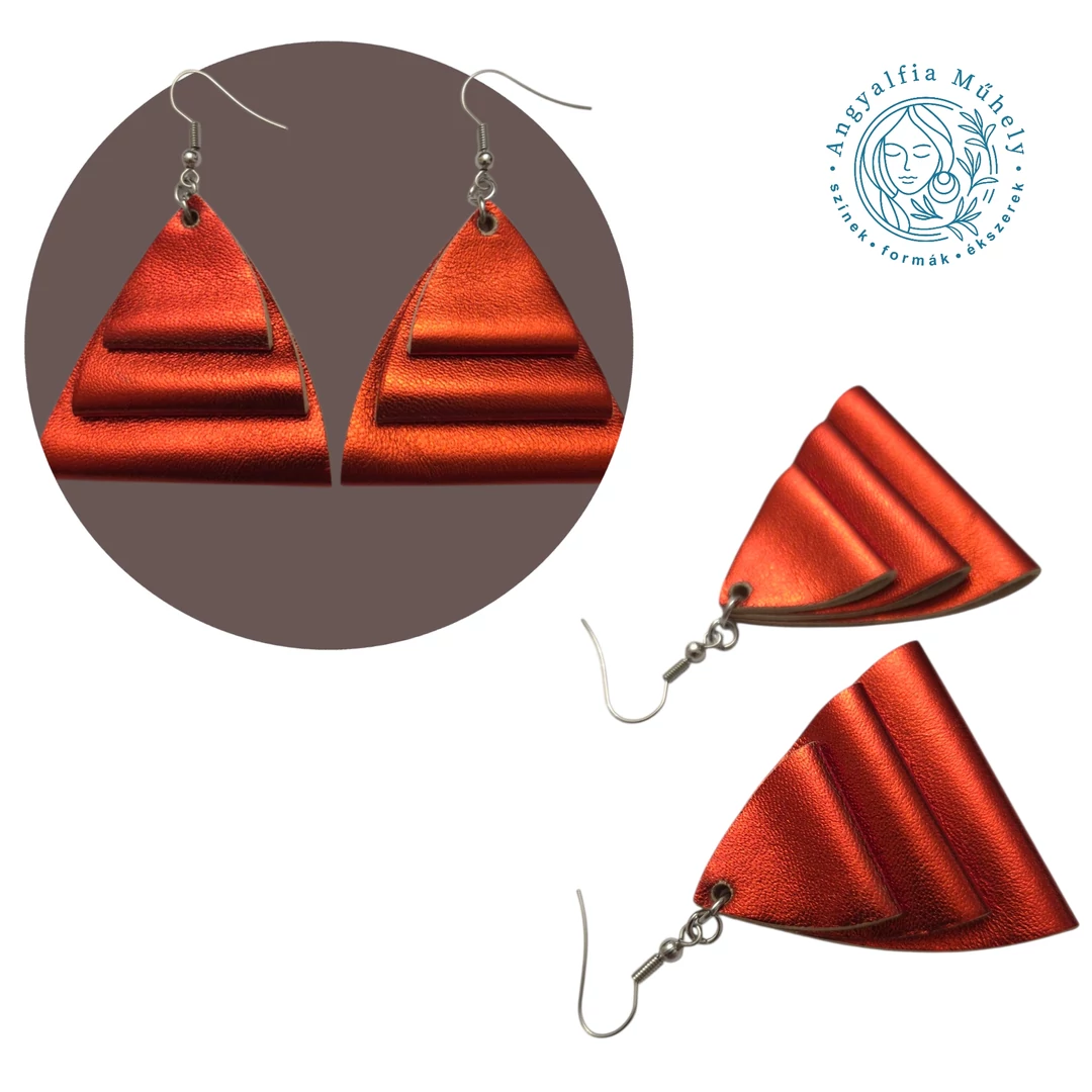 Korall narancs piramis bőr fülbevaló, metálfénnyel