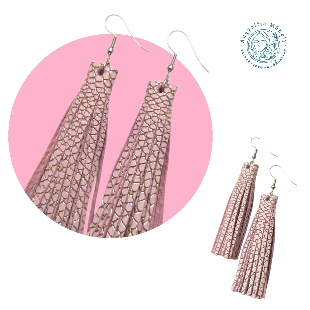 Rózsaszín rojtos bőr fülbevaló, arany rácsozással