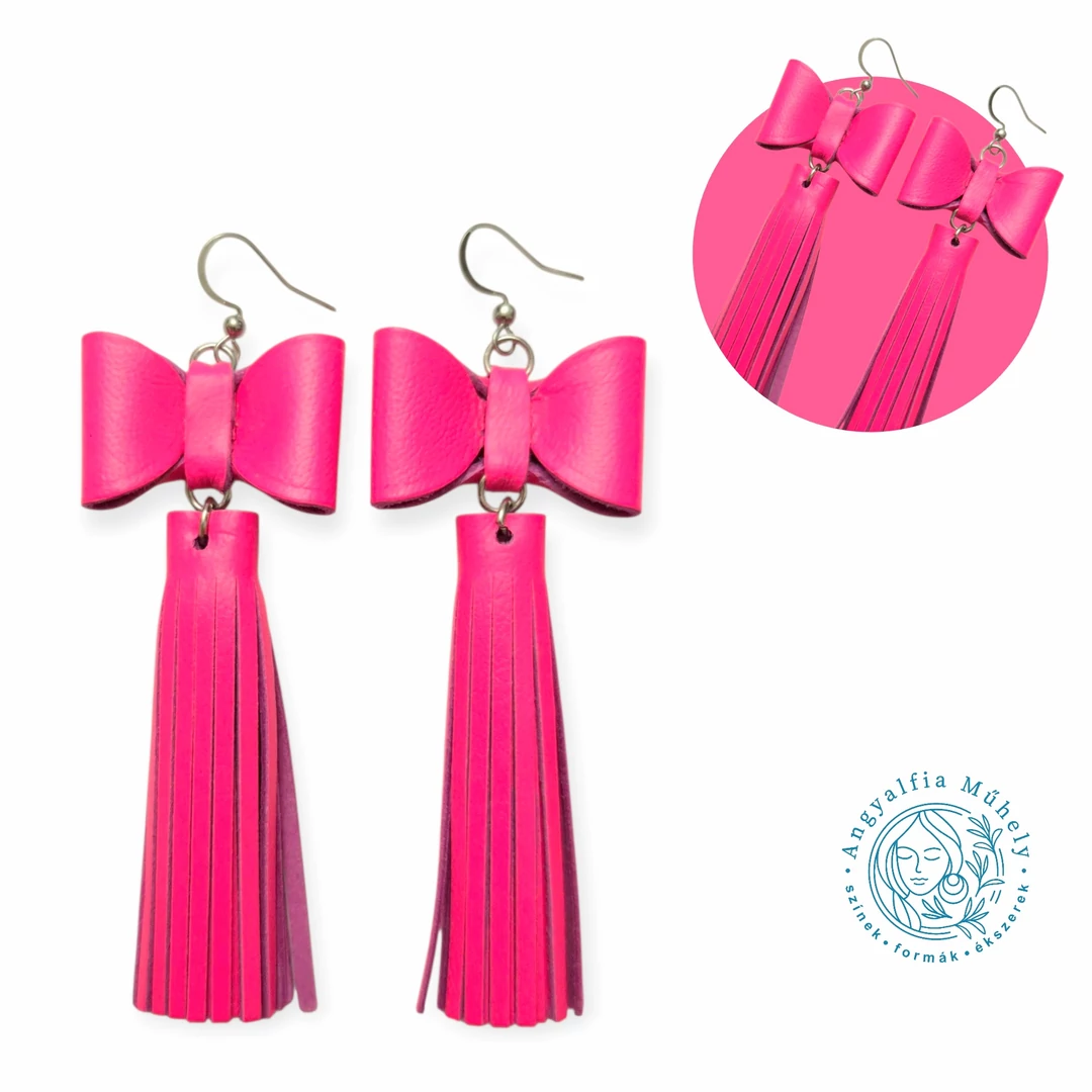 Neon pink masnis-rojtos bőr fülbevaló