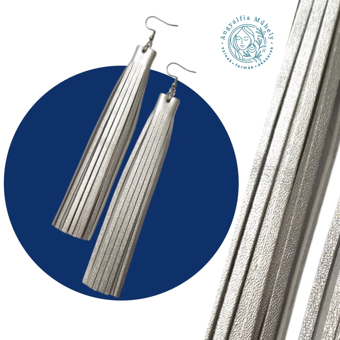 Ezüst hosszú rojtos bőr fülbevaló