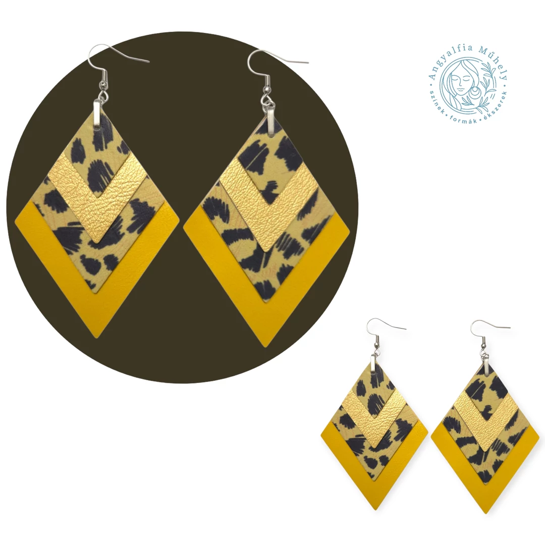 Sárga leopárd-arany rombusz bőr fülbevaló