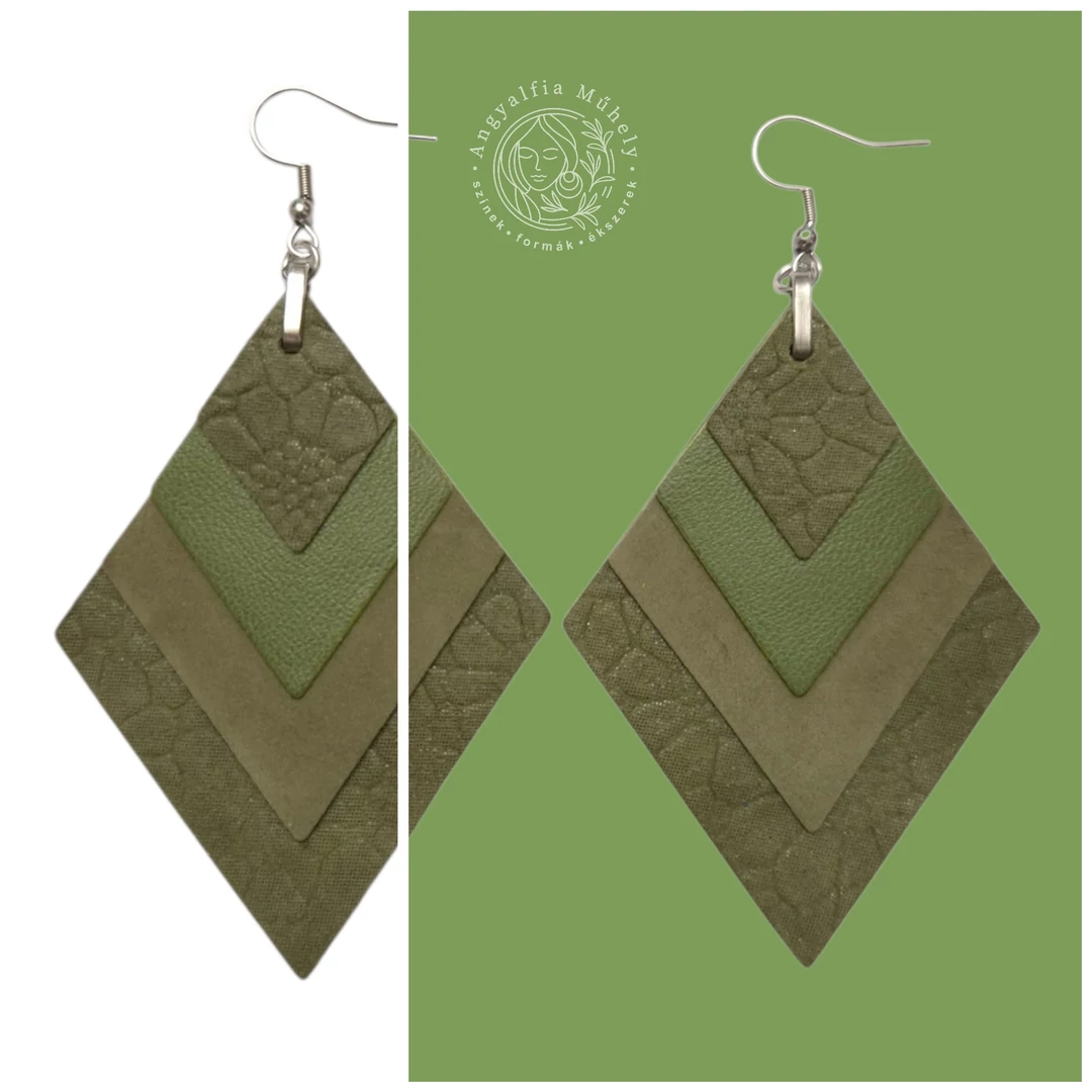 Olajzöld árnyalatok rombusz bőr fülbevaló