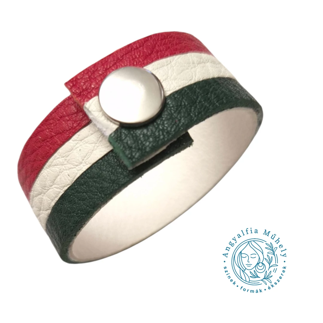 Piros-fehér-zöld bőr karkötő, kis méretben