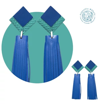 Négyzet-rojtos statement bőrékszer, kék és türkizzöld