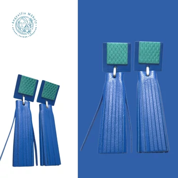 Négyzet-rojtos statement bőr fülbevaló, kék és türkizzöld