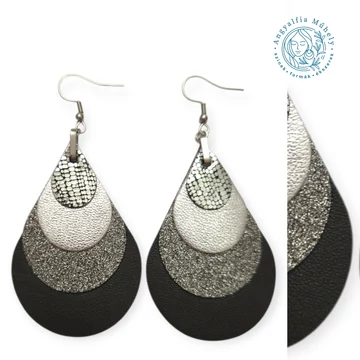 Fekete- szürke csepp bőr fülbevaló, ezüsttel