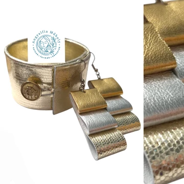 Ezüst-arany bőr ékszerszett, hajtogatott fülbevalóval