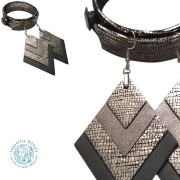 Különleges grafit-ezüst bőr ékszerszett, rombusszal