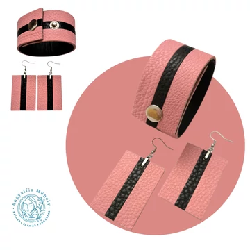 Rózsaszín-fekete csíkos ékszerszett, téglalap fülbevalóval