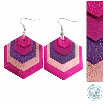 Rózsaszín-pink-fukszia hexagon bőr fülbevaló